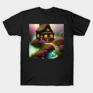 Sparkling Fantasy Cottage with Lights and Glitter Background in Forest, Scenery Nature T-Shirt